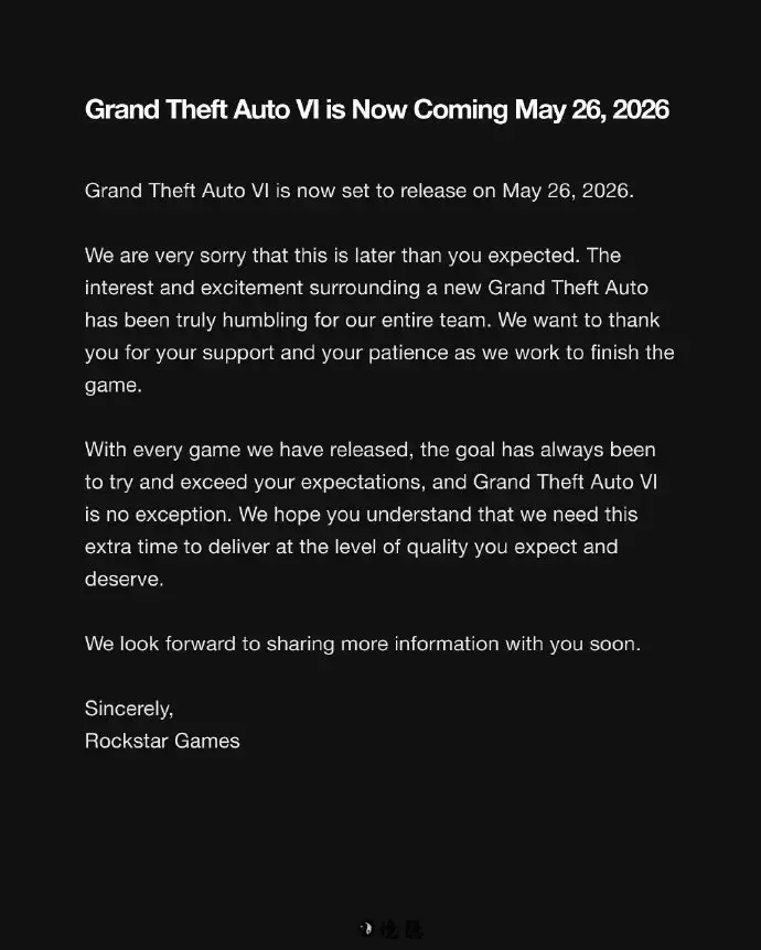 R星《GTA6》延期至2026年5月26日发售